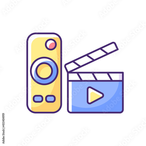 Movies streaming RGB color icon. Moving picture on television. TV shows online. Theatre-style movie experience at home. Video platform. Showing motion picture. Isolated vector illustration