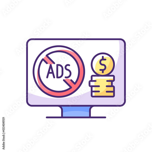 Ad-free subscription plan RGB color icon. Additional monthly charge. Enjoying streaming movies without advertisements. Streaming service. Ad breaks absence. Isolated vector illustration