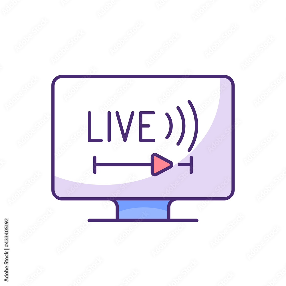 Obraz premium Live TV RGB color icon. Online TV service. Live television. Programs broadcasting in real-time. Streaming television over Internet. Sporting events, news, shows. Isolated vector illustration