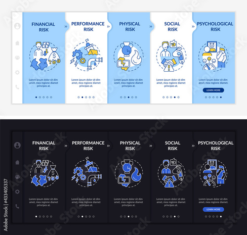 Buying risk aspects onboarding vector template. Responsive mobile website with icons. Web page walkthrough 5 step screens. Finance, trauma night and day mode concept with linear illustrations