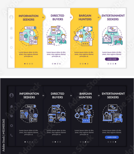 Internet buyer behavior onboarding vector template. Responsive mobile website with icons. Web page walkthrough 4 step screens. Directed buyers night and day mode concept with linear illustrations