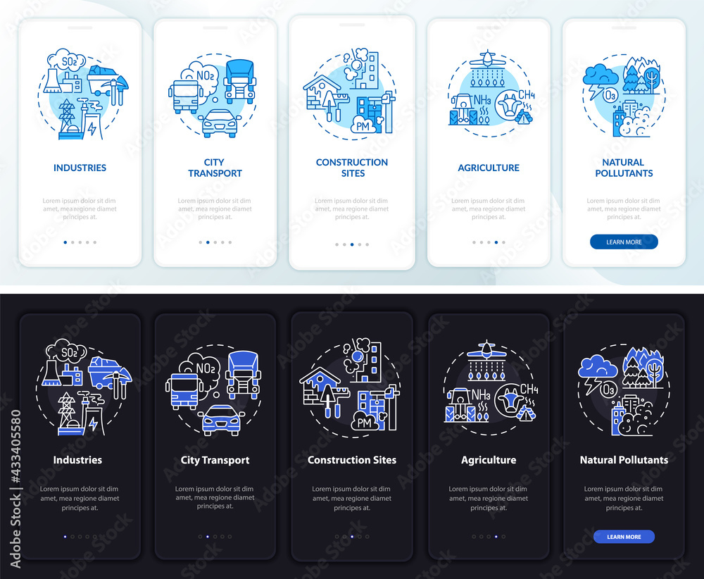 Outside air pollution onboarding mobile app page screen with concepts. Industries walkthrough 5 steps graphic instructions. UI, UX, GUI vector template with linear night and day mode illustrations