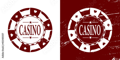 Red poker gaming chip. Casino tokens coins with playing cards symbols, hearts, spades, clubs, diamonds.