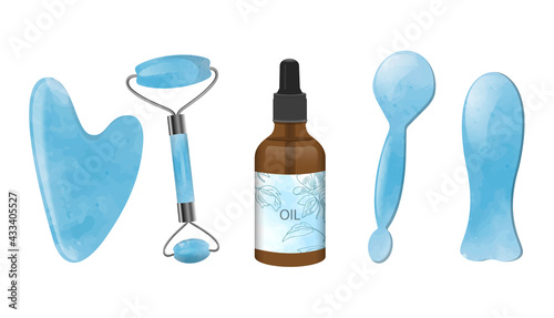 A bottle-dropper with cosmetic oil and tools for face massage Gua sha. Isolated design elements on a white background. EPS10.