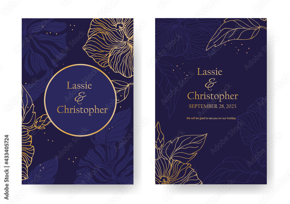 Naklejka premium Elegant wedding invitation with gold accents on a dark blue background. Invitation with floral decoration and text frame. Modern rsvp greeting card design with natural design elements. EPS10.