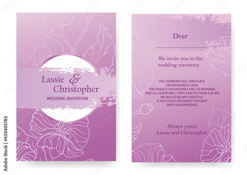 An exquisite purple wedding invitation card. Invitation with floral decoration. Modern rsvp greeting card design with natural design elements. EPS10.