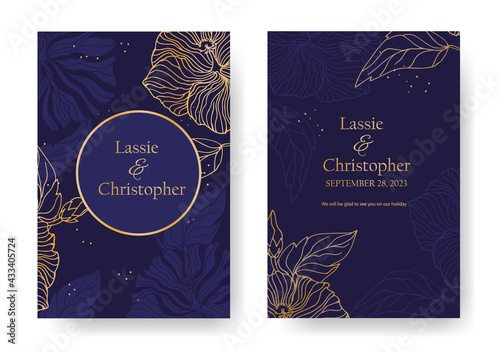 Elegant wedding invitation with gold accents on a dark blue background. Invitation with floral decoration and text frame. Modern rsvp greeting card design with natural design elements. EPS10.