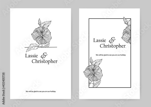 An exquisite wedding invitation with a minimalist style. Hibiscus in a linear style on a white background. Modern rsvp greeting card design with natural design elements. EPS10.