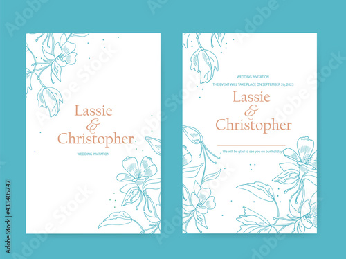 An exquisite wedding invitation with a minimalist style. A flower in a linear style on a white background. Modern rsvp greeting card design with natural design elements. EPS10.
