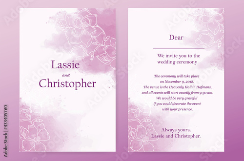 An exquisite wedding invitation with watercolor stains. Invitation with floral decoration. Modern rsvp greeting card design with natural design elements. EPS10.