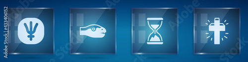 Set Neptune planet, Snake, Old hourglass with sand and Christian cross. Square glass panels. Vector