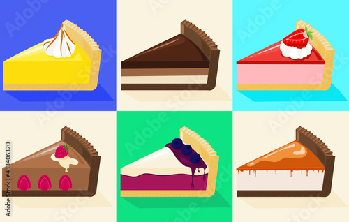 Cakes and tarts in different flavors: lemon meringue pie, triple chocolate, strawberry, raspberry, blueberry, and caramel cheesecake on a solid background. Isolated vector set. 