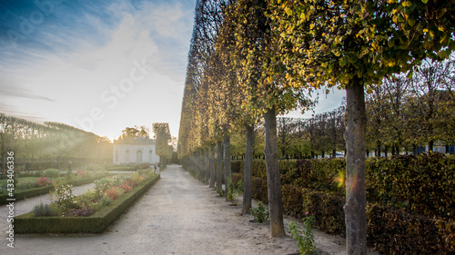 Trianon in The Palace of Versailles  with a beautiful blue cloudy sky and a light flare of the sun  making the leaves seem golden