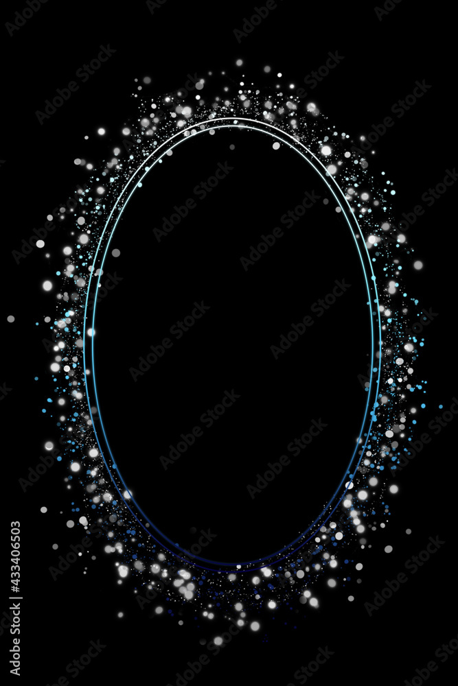 Fototapeta premium Oval frame on a black background. Shining oval with blue and white highlights.
