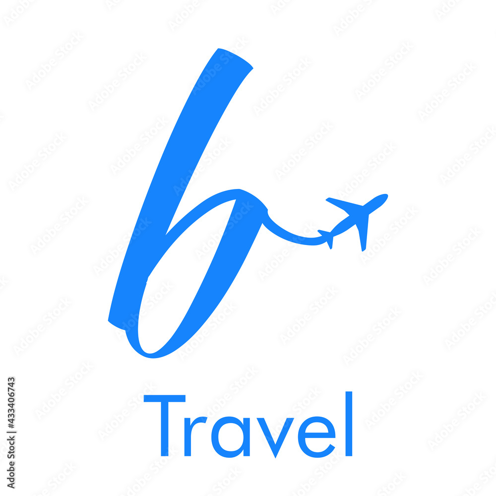 Logotipo Travel con letra b dibujada a mano con silueta de avión en color azul Logotipo Travel con letra b dibujada a mano con silueta de avión en color azul