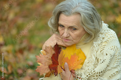 sad, thoughtful senior woman in park