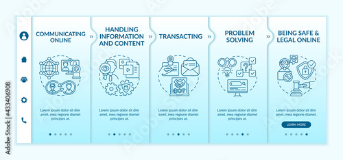 Essential digital skills onboarding vector template. Responsive mobile website with icons. Web page walkthrough 5 step screens. Digitalization color concept with linear illustrations