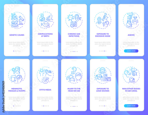 Hearing disabilities aspects onboarding mobile app page screen with concepts set. Noise, otitis walkthrough 5 steps graphic instructions. UI, UX, GUI vector template with linear color illustrations