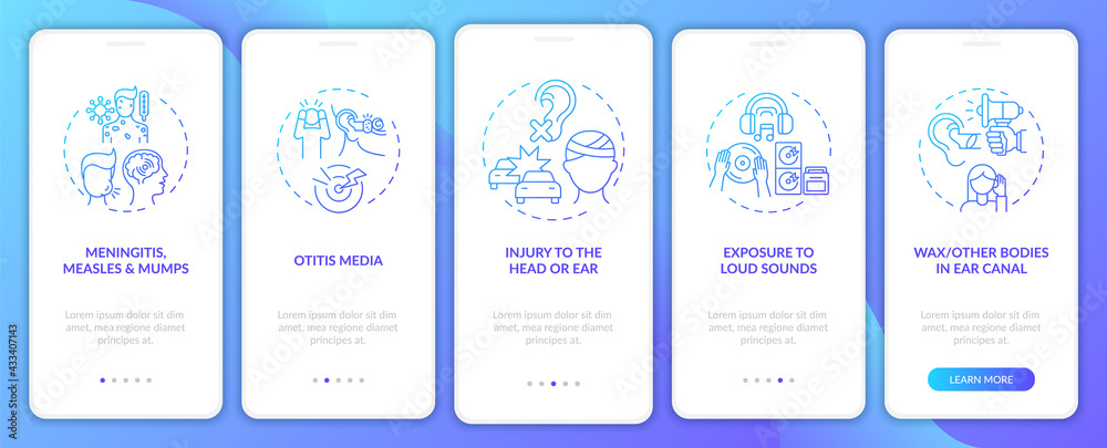 Acquired hearing disability onboarding mobile app page screen with concepts. Wax in ear canal walkthrough 5 steps graphic instructions. UI, UX, GUI vector template with linear color illustrations