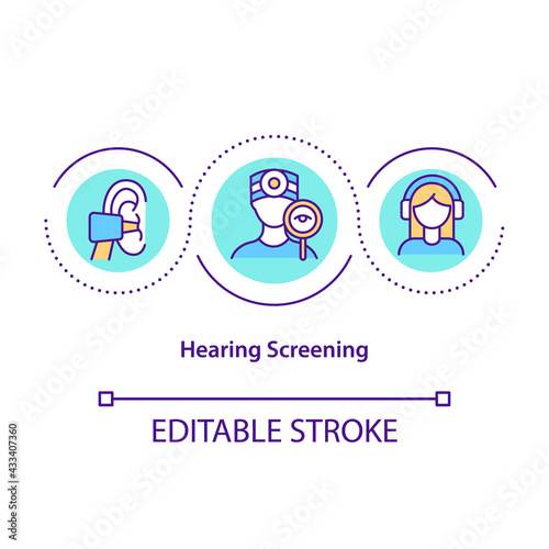 Fototapeta Naklejka Na Ścianę i Meble -  Hearing screening concept icon. Audiometry evaluation idea thin line illustration. Hearing different sounds examination. Noninvasive test. Vector isolated outline RGB color drawing. Editable stroke