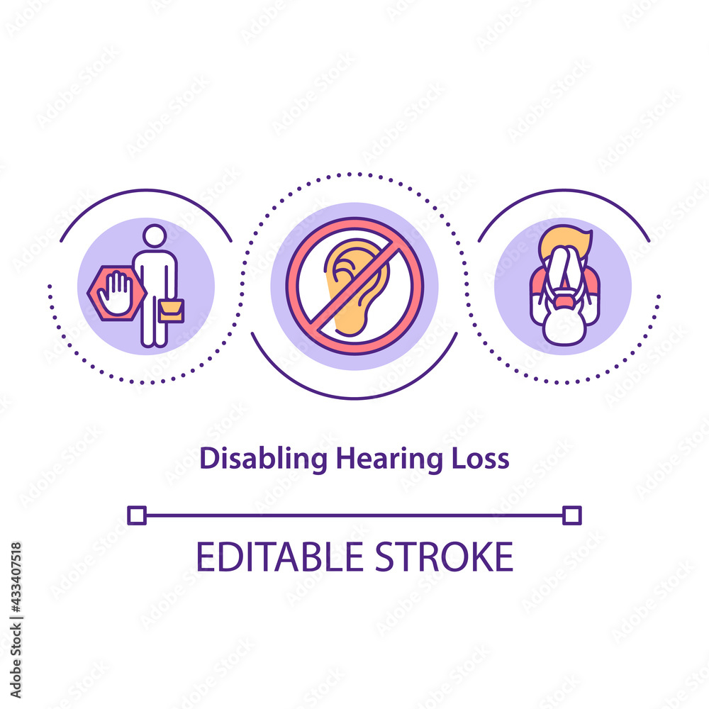 Disabling hearing loss concept icon. Hearing impairment idea thin line illustration. Trauma to ear. Bad impact on psychosocial wellbeing. Vector isolated outline RGB color drawing. Editable stroke Disabling hearing loss concept icon. Hearing impairment idea thin line illustration. Trauma to ear. Bad impact on psychosocial wellbeing. Vector isolated outline RGB color drawing. Editable stroke