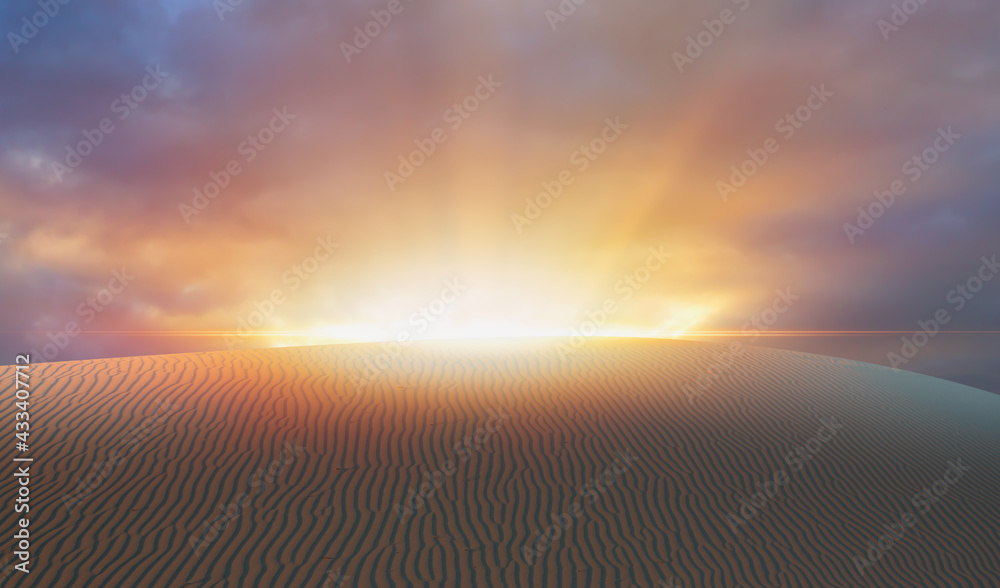 Yellow ripple sand dune desert at sunset