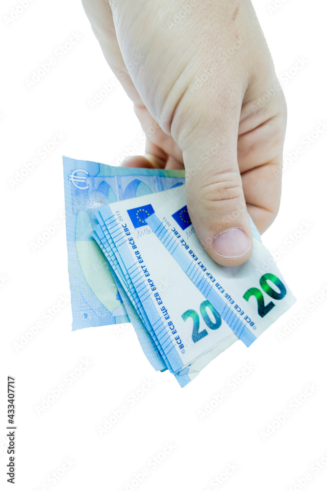 mano che da banconote su sfondo bianco, 20 euro mano che da banconote su sfondo bianco, 20 euro