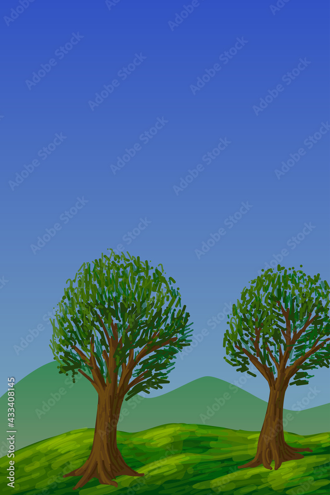 Nature illustration. Vertical illustration with blue sky and trees for your design projects. Copy space for your text. Nature illustration. Vertical illustration with blue sky and trees for your design projects. Copy space for your text.