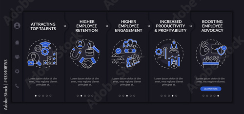 Corporate ethos benefits onboarding vector template. Responsive mobile website with icons. Web page walkthrough 5 step screens. Higher employee engagement night mode concept with linear illustrations