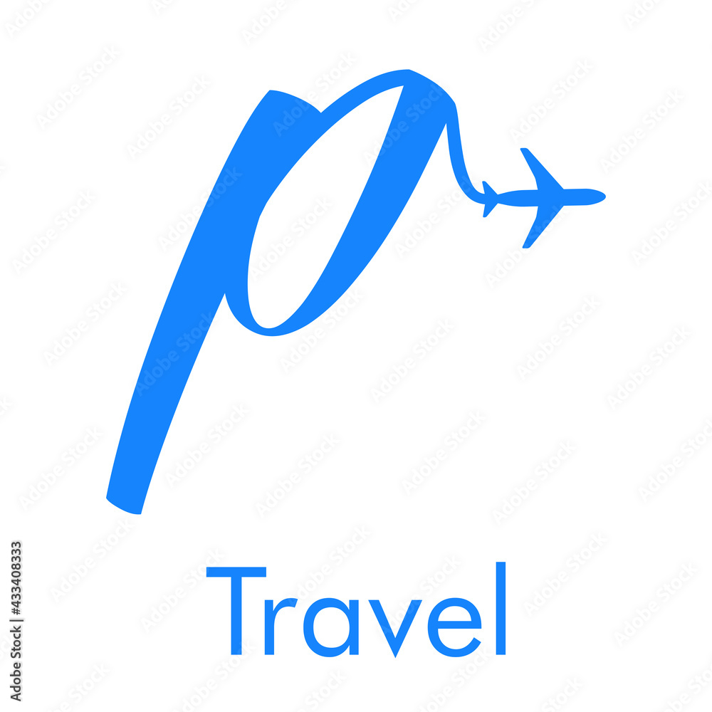 Logotipo Travel con letra p dibujada a mano con silueta de avión en color azul Logotipo Travel con letra p dibujada a mano con silueta de avión en color azul