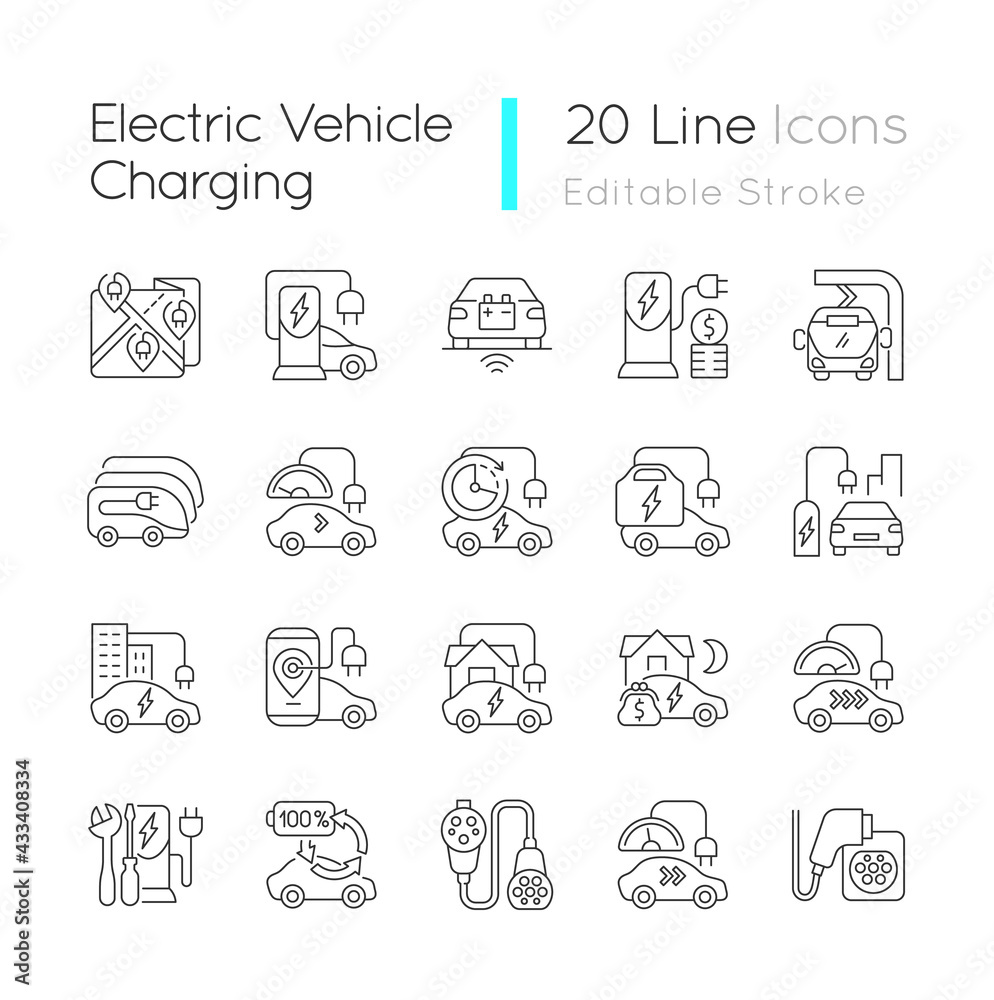 Electric vehicle charging linear icons set. Portable charging station for elctromobile. Eco cars. Customizable thin line contour symbols. Isolated vector outline illustrations. Editable stroke