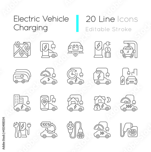 Electric vehicle charging linear icons set. Portable charging station for elctromobile. Eco cars. Customizable thin line contour symbols. Isolated vector outline illustrations. Editable stroke