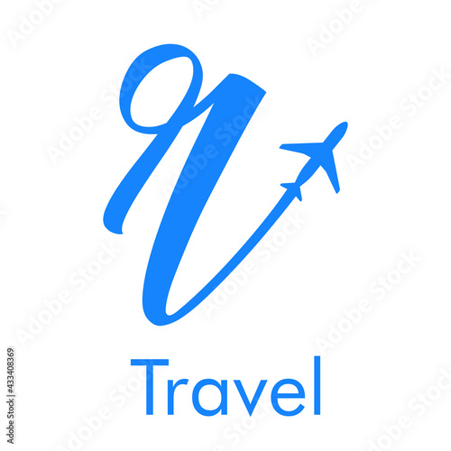 Logotipo Travel con letra r dibujada a mano con silueta de avión en color azul