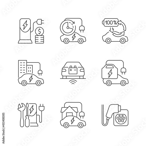 Electric vehicle charging linear icons set. Places where you can fill up battery of electromobile. Customizable thin line contour symbols. Isolated vector outline illustrations. Editable stroke