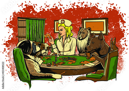 Nurse playing poker with dogs vector illustration