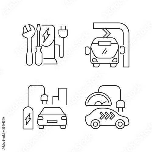 Electric vehicle charging linear icons set. Different types of charging stations for electromobiles. Customizable thin line contour symbols. Isolated vector outline illustrations. Editable stroke