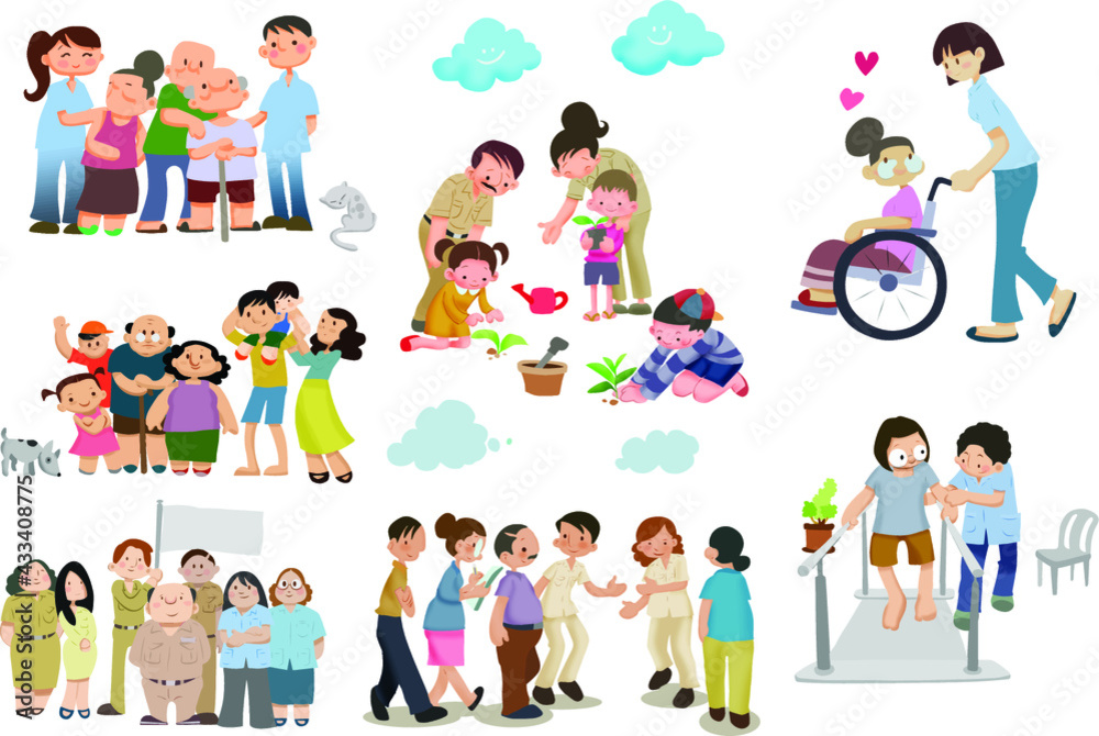 Elderly people with friends and family standing together. Flat style vector illustration. Elderly people with friends and family standing together. Flat style vector illustration.