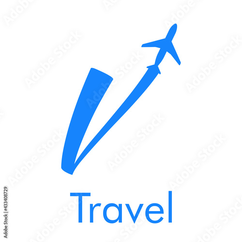 Logotipo Travel con letra v dibujada a mano con silueta de avión en color azul