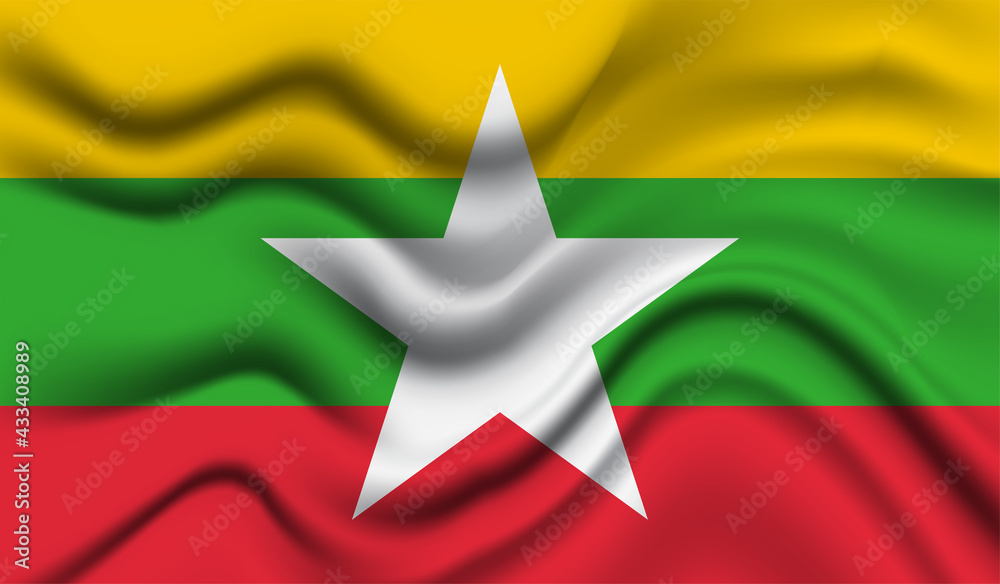 Abstract waving flag of Myanmar with curved fabric background. Creative realistic waving flag of Myanmar vector background Abstract waving flag of Myanmar with curved fabric background. Creative realistic waving flag of Myanmar vector background