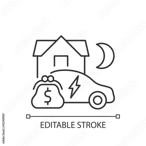 EV energy tariff linear icon. Paying specific amount of money for charging up electric vehicle. Thin line customizable illustration. Contour symbol. Vector isolated outline drawing. Editable stroke