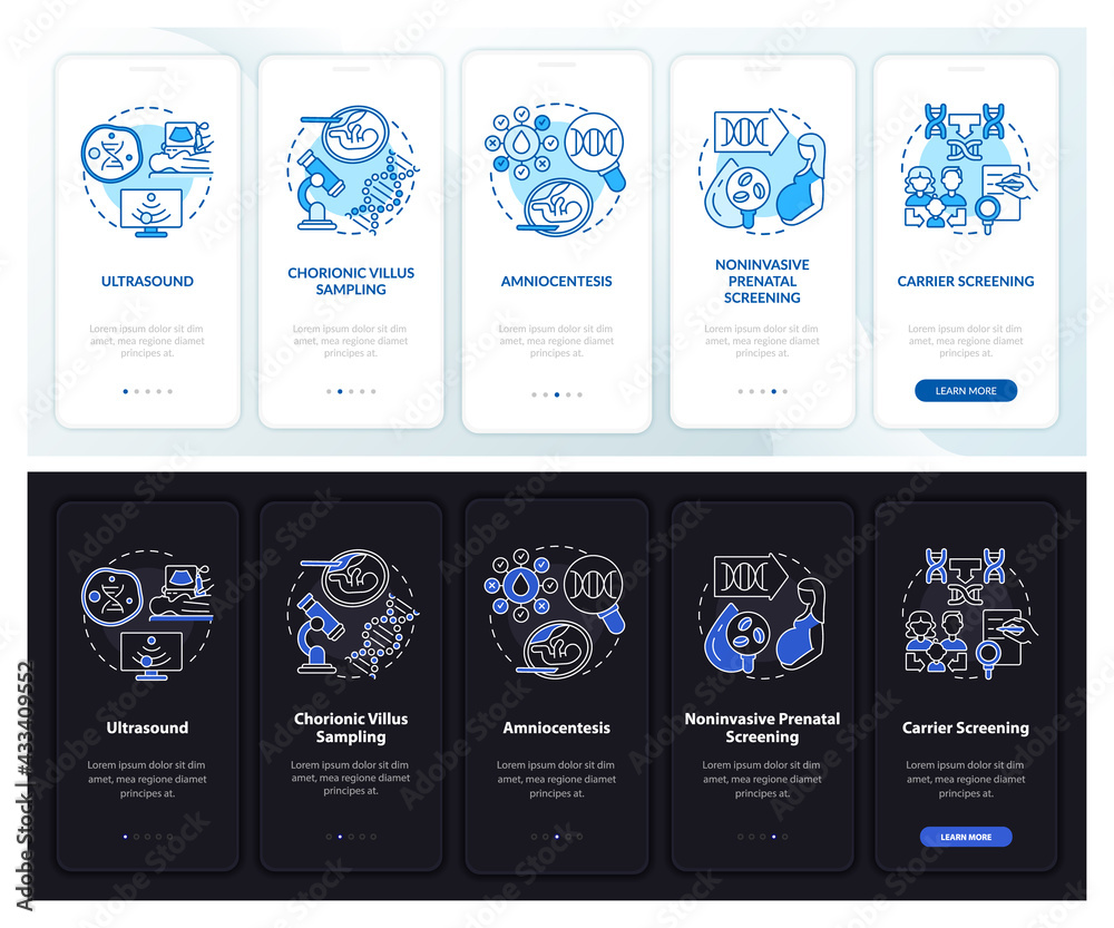 Genetic diseases testing onboarding mobile app page screen with concepts. Diagnostics walkthrough 5 steps graphic instructions. UI, UX, GUI vector template with linear night and day mode illustrations