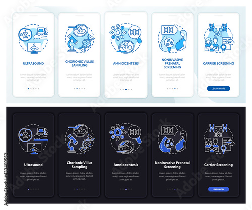 Genetic diseases testing onboarding mobile app page screen with concepts. Diagnostics walkthrough 5 steps graphic instructions. UI, UX, GUI vector template with linear night and day mode illustrations