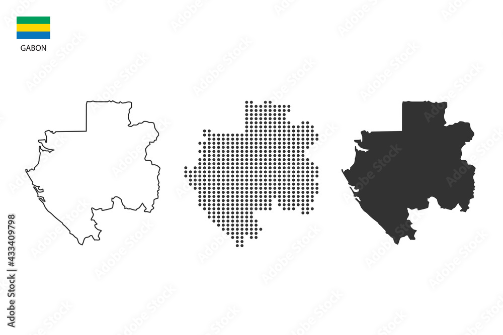 3 versions of Gabon map city vector by thin black outline simplicity style, Black dot style and Dark shadow style. All in the white background.