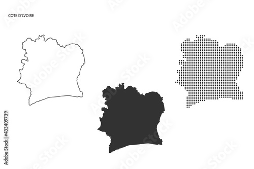 3 versions of Cote d'Ivoire map city vector by thin black outline simplicity style, Black dot style and Dark shadow style. All in the white background.
