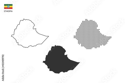 3 versions of Ethiopia map city vector by thin black outline simplicity style, Black dot style and Dark shadow style. All in the white background.
