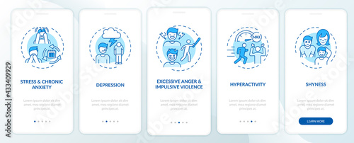 Psychology of self-control blue onboarding mobile app page screen with concepts. Regulation walkthrough 5 steps graphic instructions. UI, UX, GUI vector template with linear color illustrations