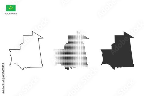 3 versions of Mauritania map city vector by thin black outline simplicity style, Black dot style and Dark shadow style. All in the white background.