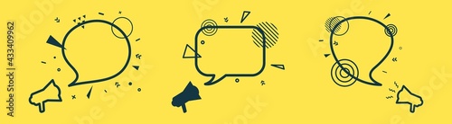 Set of three speech bubbles and loudspeakers with abstract geometric shapes. Outline megaphone sticker and black frame on yellow background. Flat banners with place for text, vector card illustration