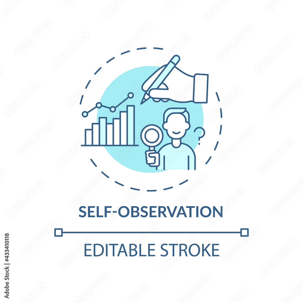 Self observation blue concept icon. Goal achievement. Project management. Personal motivation. Self control idea thin line illustration. Vector isolated outline RGB color drawing. Editable stroke