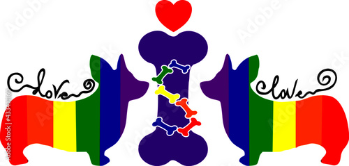 Corgi puppies in rainbow colors, bones, heart with the inscription "Love is love".